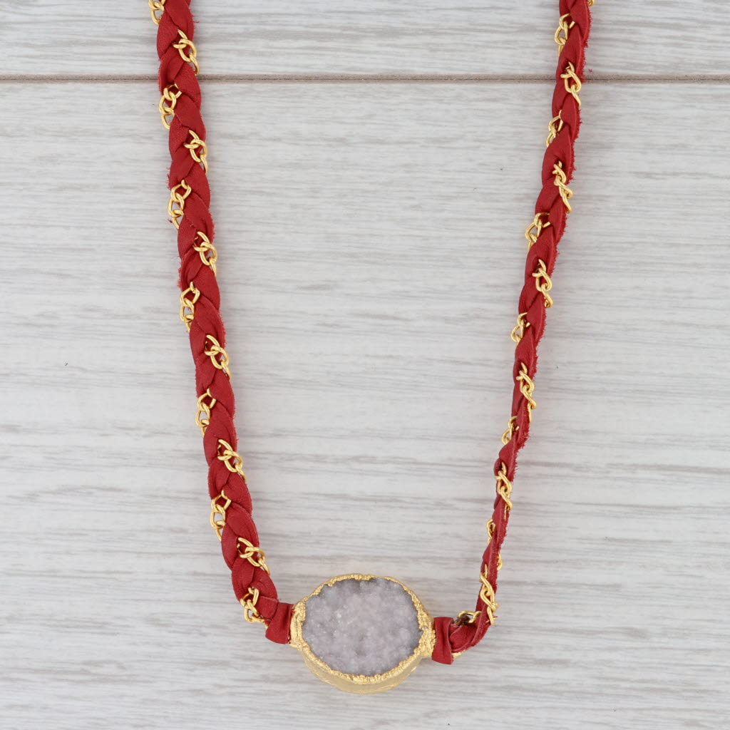 Light Gray New Cordelia Nina Nguyen Necklace White Druzy Woven Red Leather Gold Vermeil