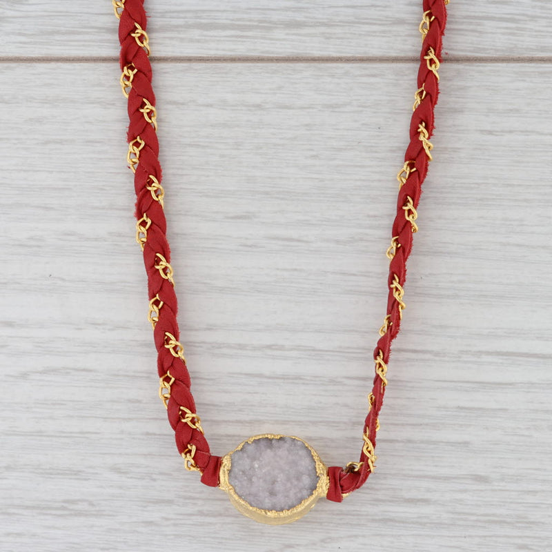 New Cordelia Nina Nguyen Necklace White Druzy Woven Red Leather Gold Vermeil