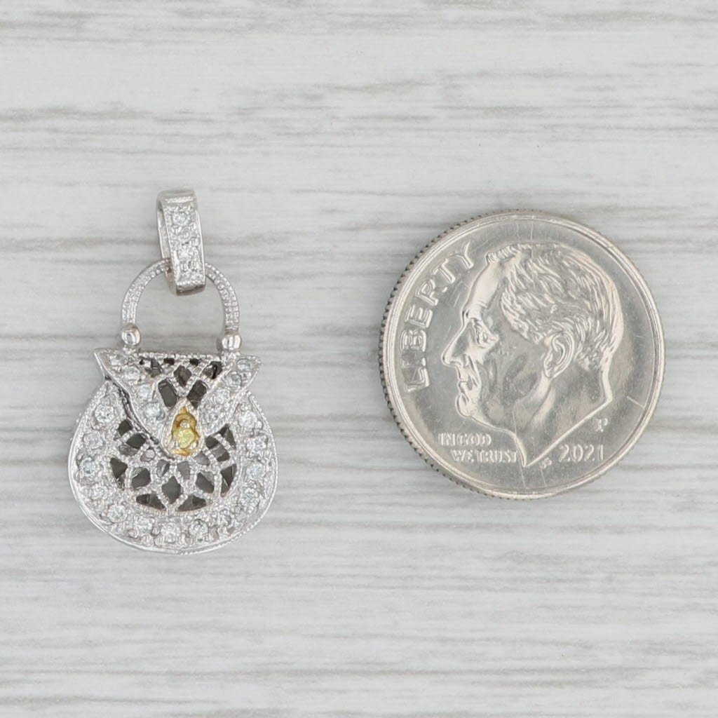 Gray Diamond Purse Charm 18k Gold Opens Ornate Filigree Pendant