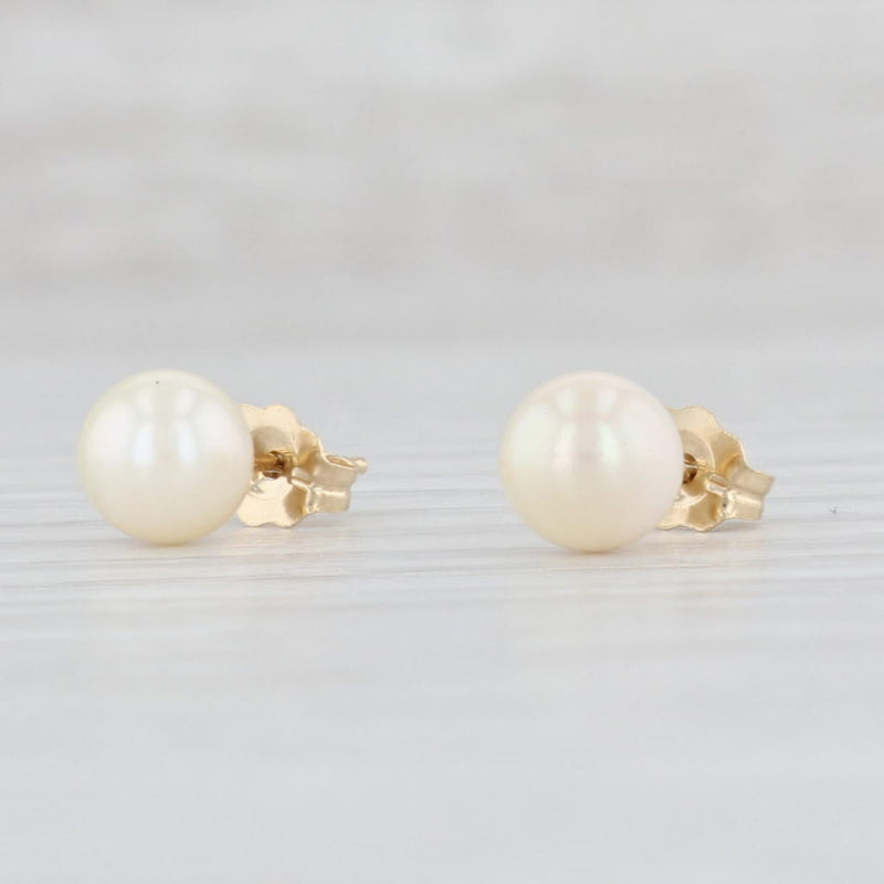 Light Gray Pearl Solitaire Stud Earrings 14k Yellow Gold June Birthstone