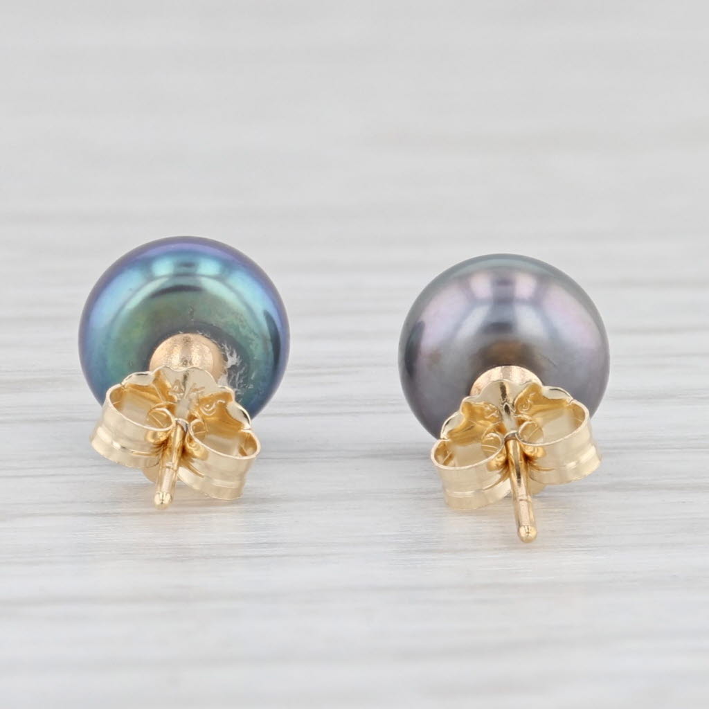 Light Gray Cultured Black Pearl Stud Earrings 14k Yellow Gold Pierced 7mm Studs