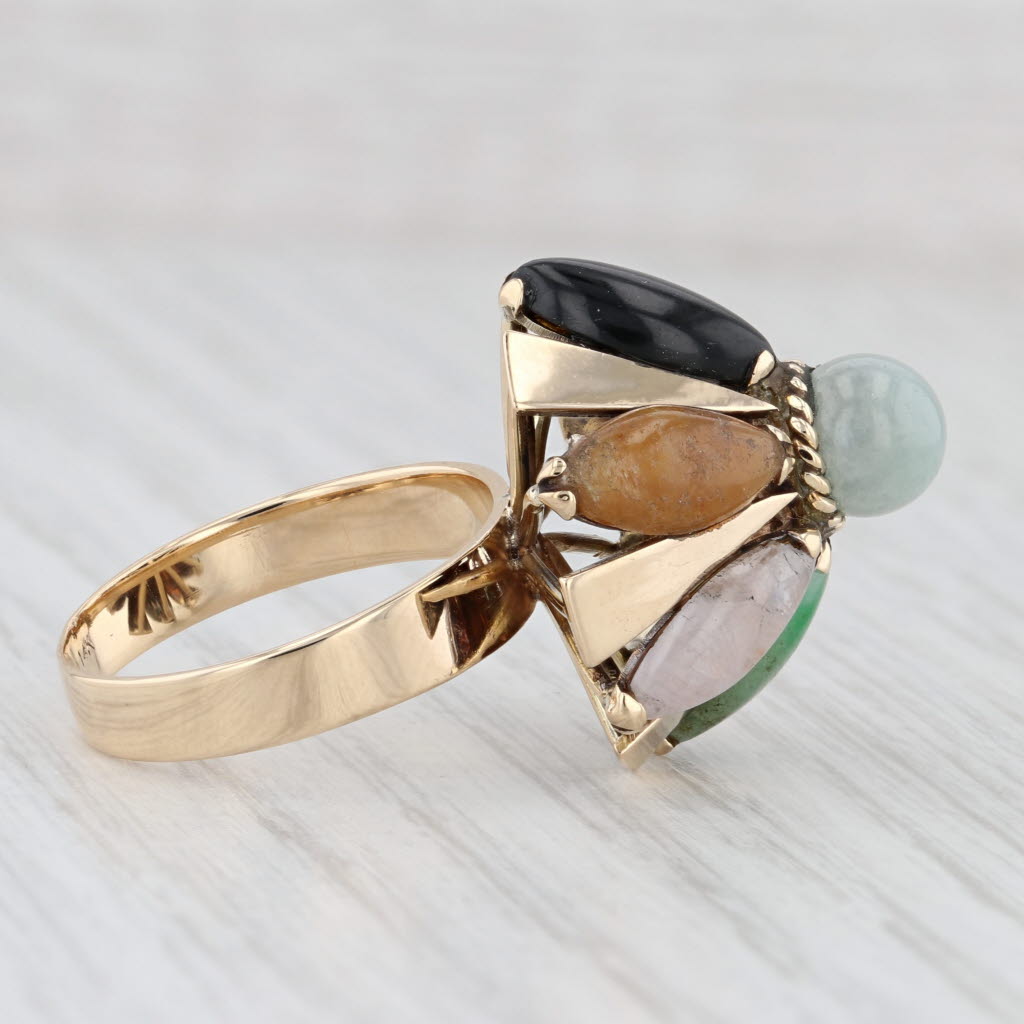 Light Gray Nephrite & Jadeite Jade Flower Ring 14k Yellow Gold Size 6.25 Cocktail Size 6.25