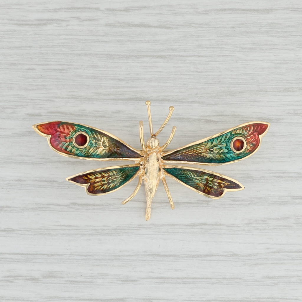 Light Gray Vintage Flying Insect Brooch 18k Yellow Gold Multicolor Enamel Pin