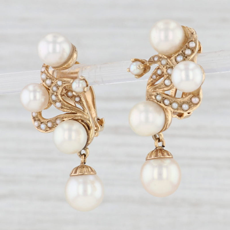 Vintage Ornate Cultured Pearl Statement Earrings 14k Gold Clip On Non-Pierced