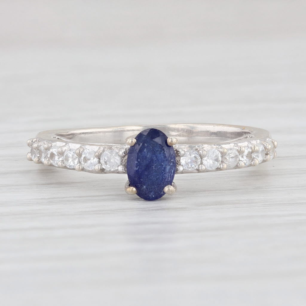 Light Gray 1.04ctw Oval Blue Sapphire White Zircons Ring Sterling Silver Size 7