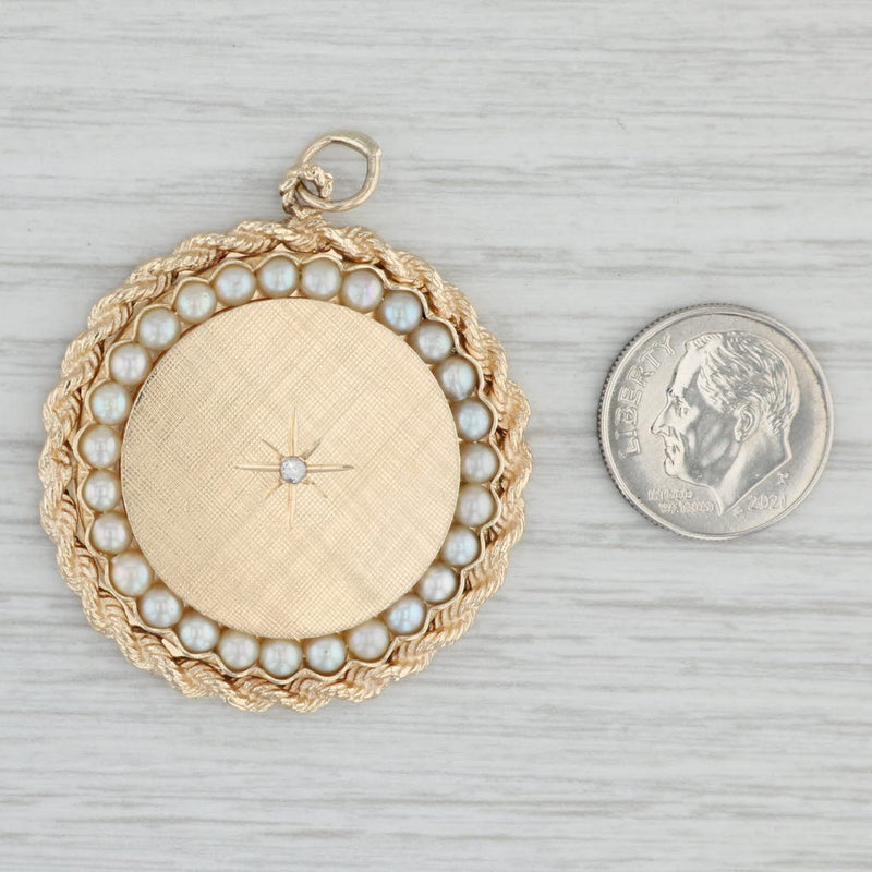 Light Gray Vintage Cultured Pearl Diamond Medallion Pendant 14k Gold Engravable Statement