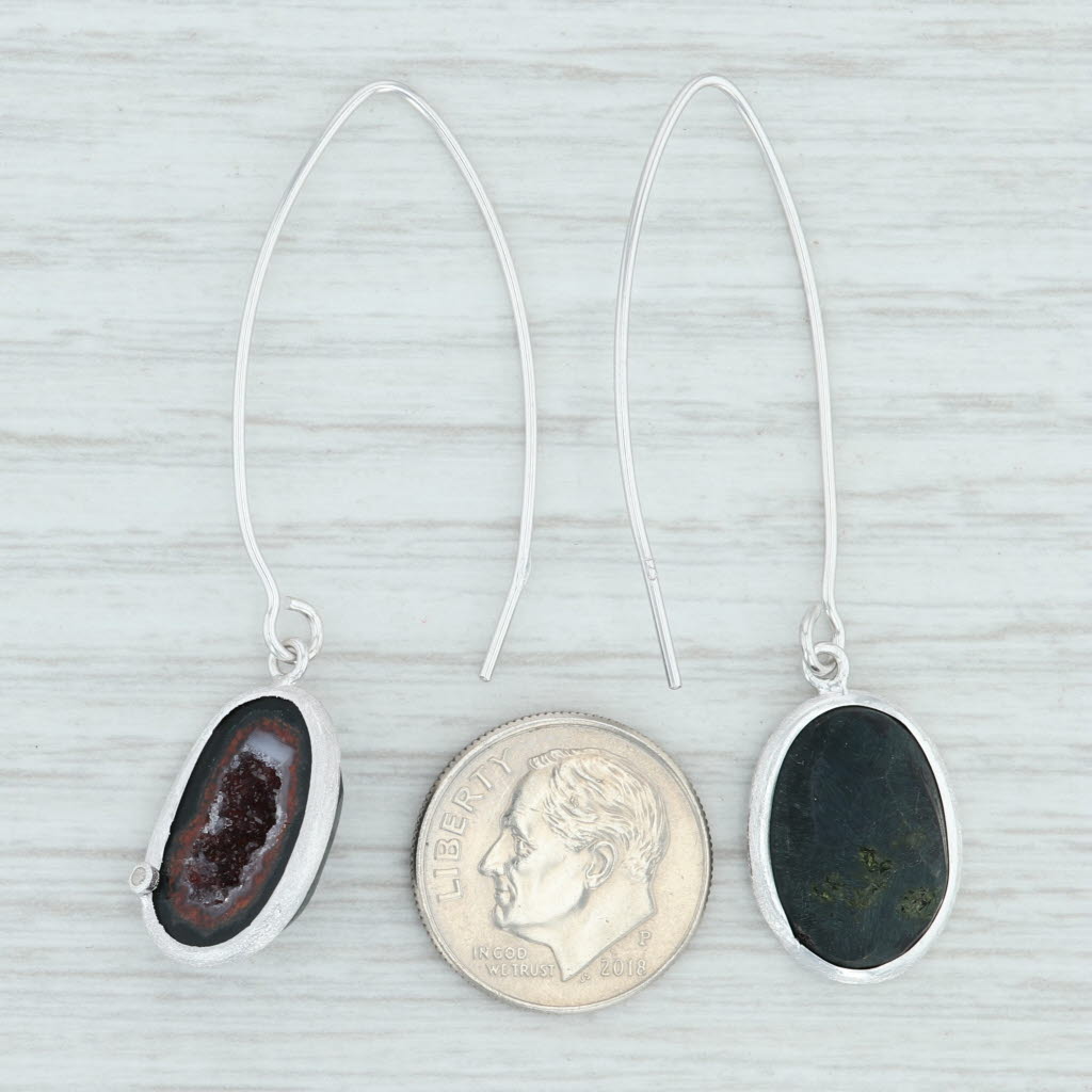 Light Gray New Agate Druzy Quartz Geode Hook Earrings Sterling Silver Diamond Handmade