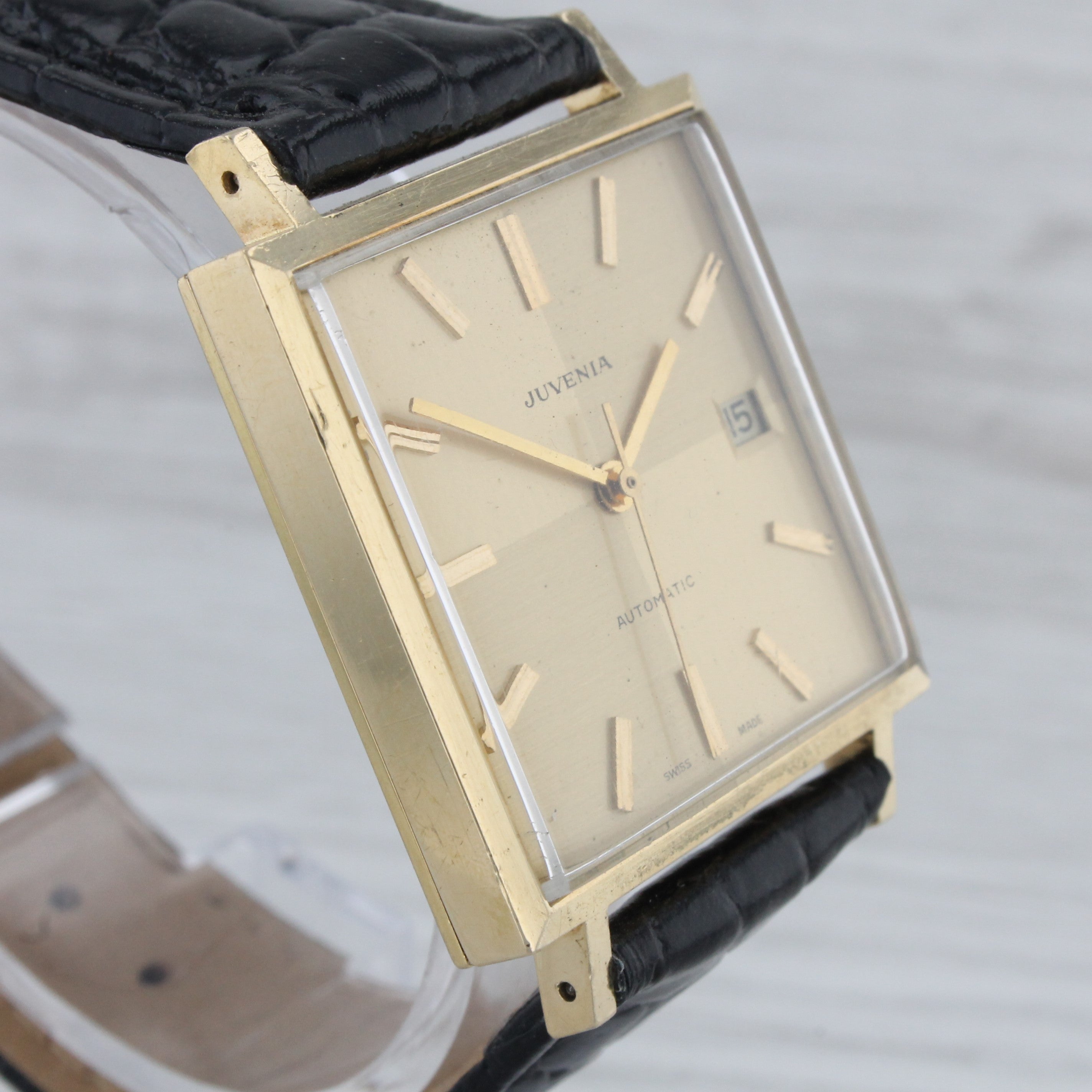 Gray Vintage Juvenia 18k Solid Yellow Gold Mens Automatic Square Watch Quadrant Dial