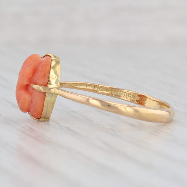 Light Gray Antique Carved Coral Cameo Ring 18k Yellow Gold Size 8.25