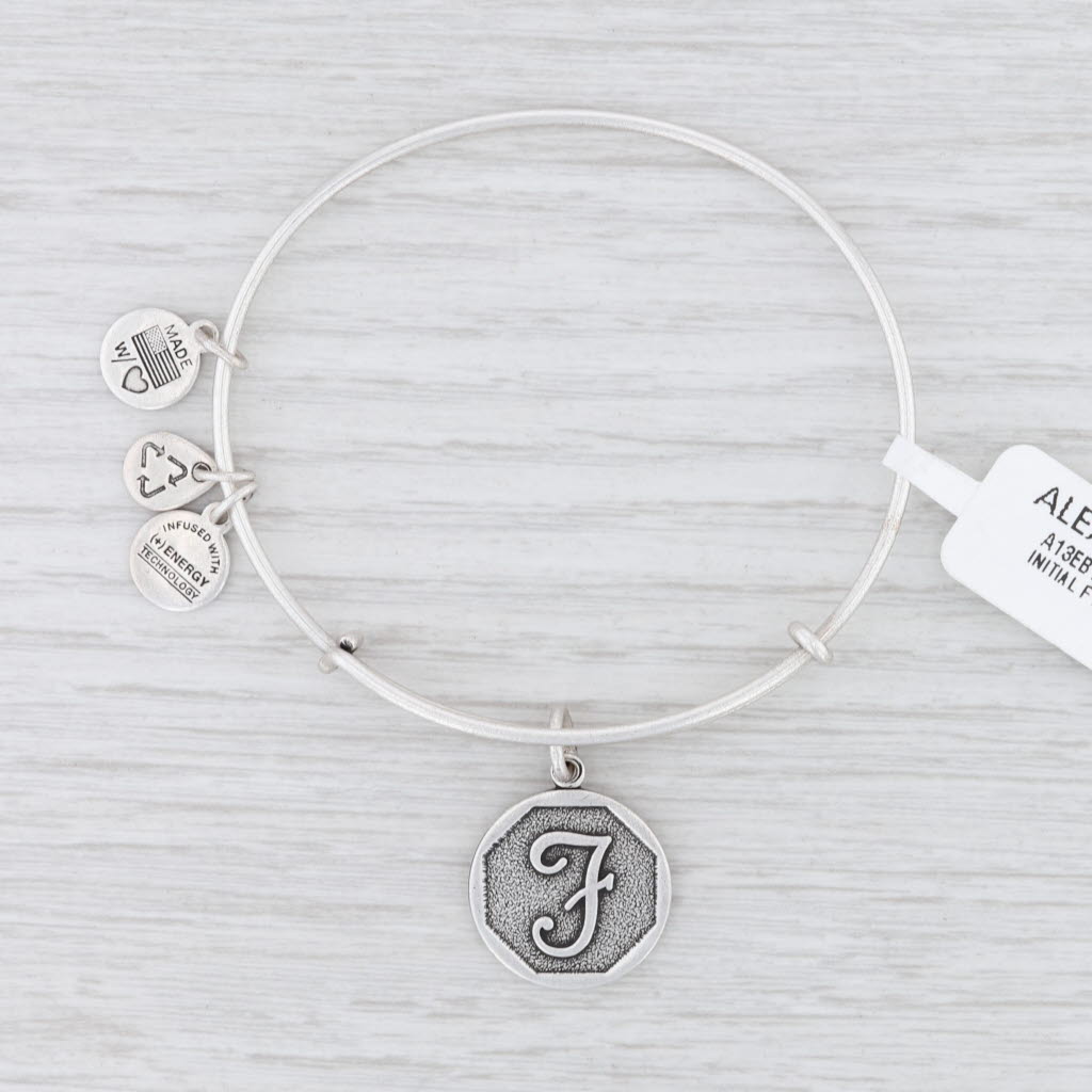 Light Gray New Alex and Ani Initial F Bangle Charm Bracelet Rafaelian Silver Expandable