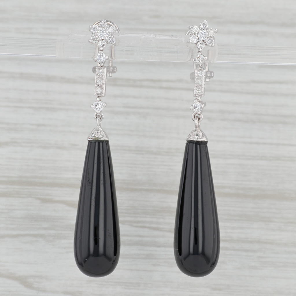 Gray Diamond Black Glass Drop Dangle Earrings 14k White Gold Pierced Omega Backs