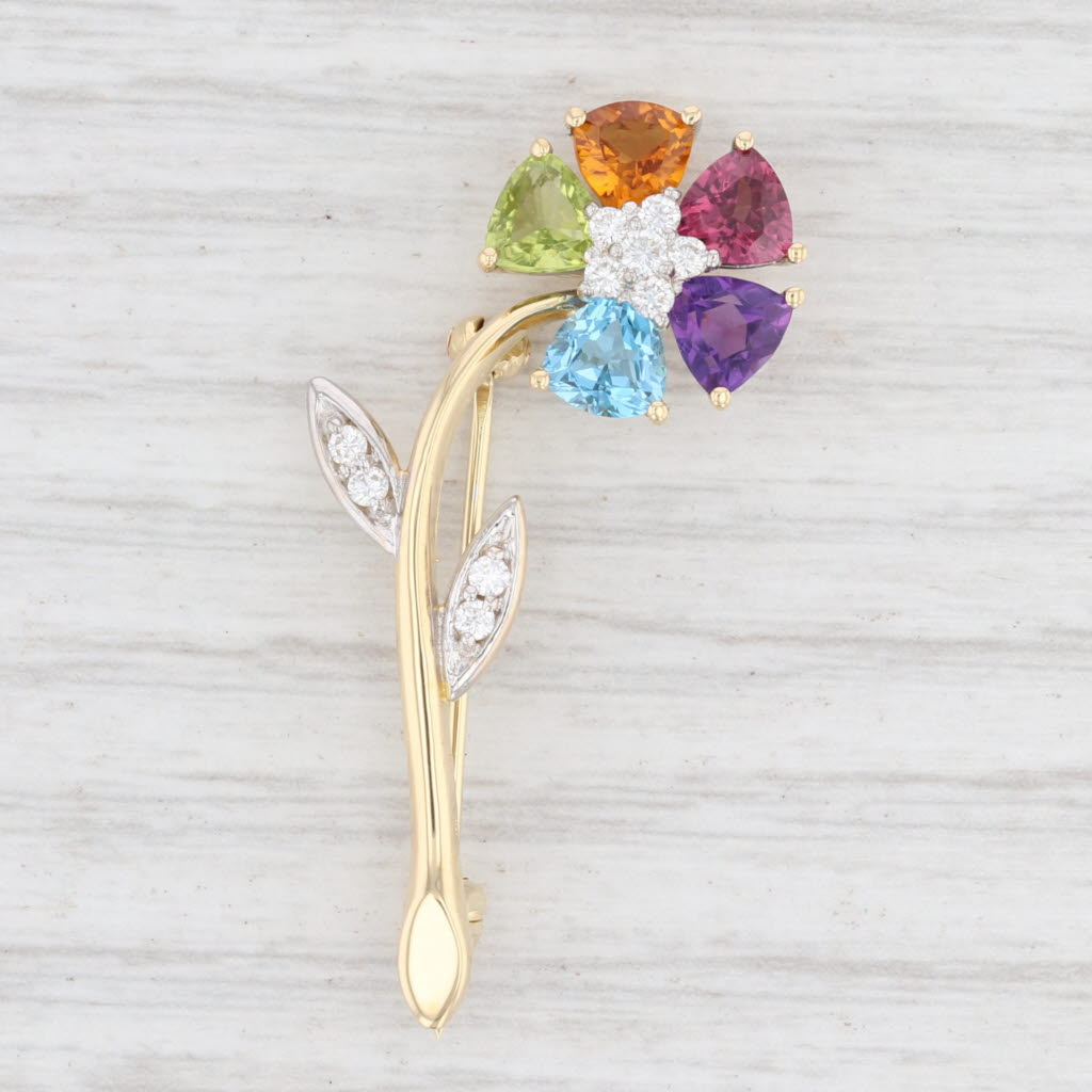 Light Gray 2.59ctw Gemstone Flower Brooch 18k Gold Diamond Garnet Topaz Peridot Spark Pin