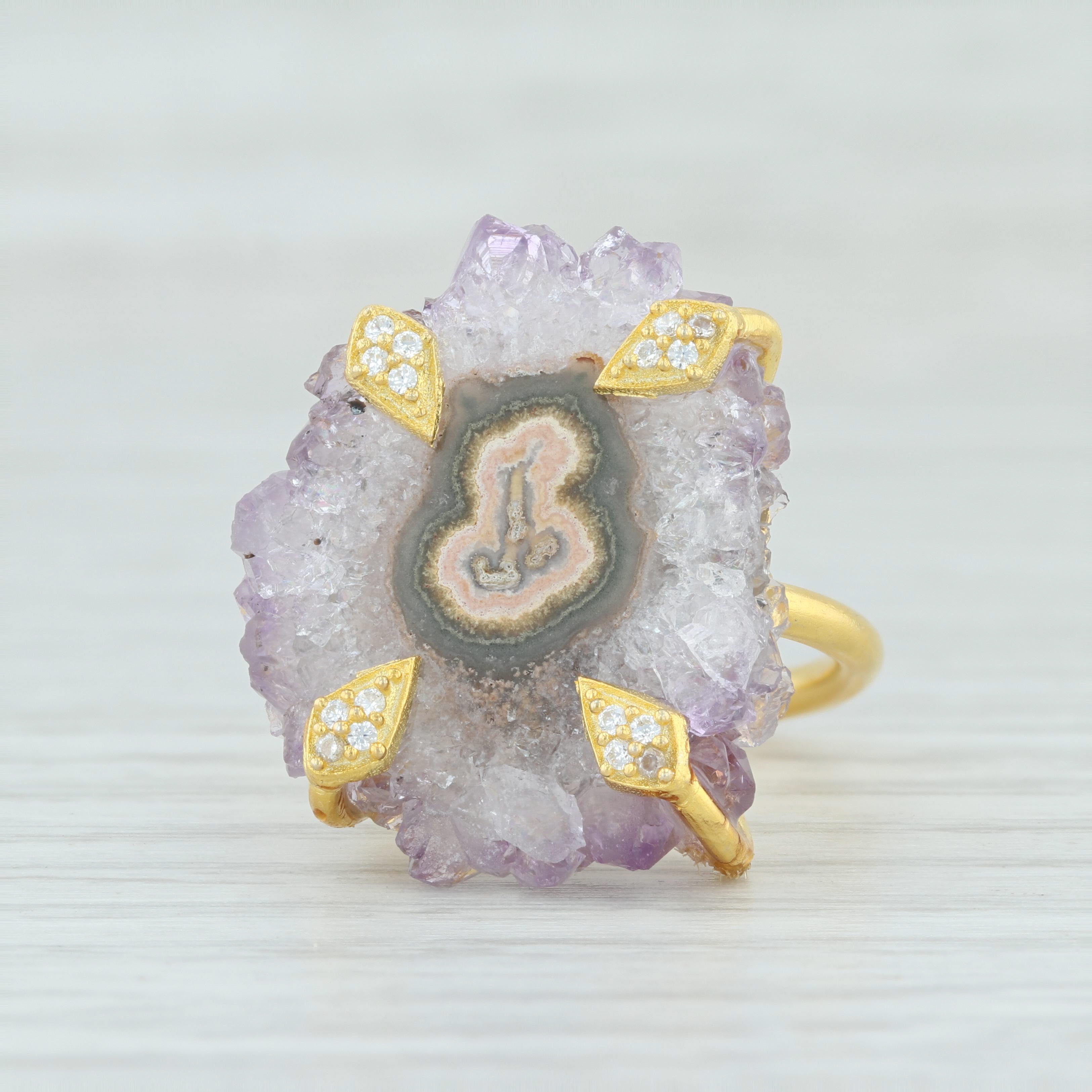 Light Gray New Amethyst Geode Crystal Ring Sterling 18k Gold Plated Adjustable Size