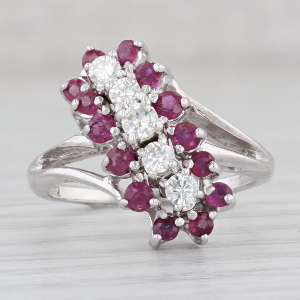 Light Gray 0.64ctw Ruby Diamond Cluster Bypass Ring 14k White Gold Size 6