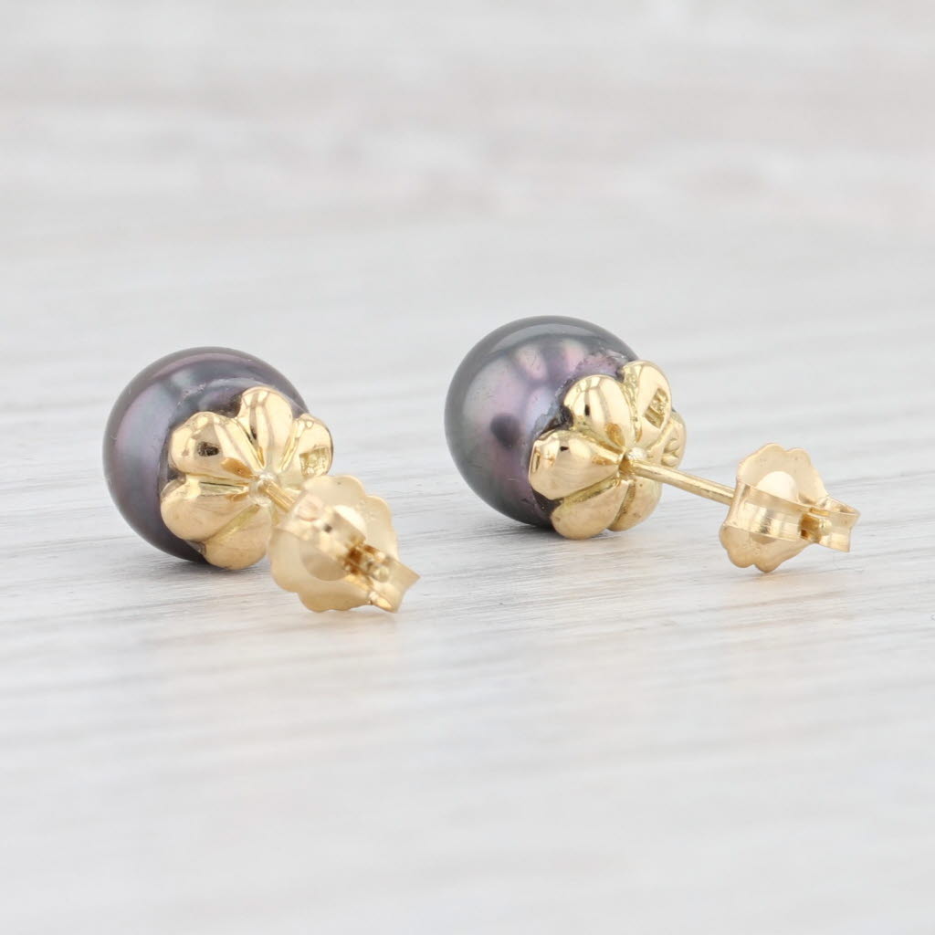 Light Gray Cultured Black Pearl Stud Earrings 18k Yellow Gold Saltwater Pearls Designer