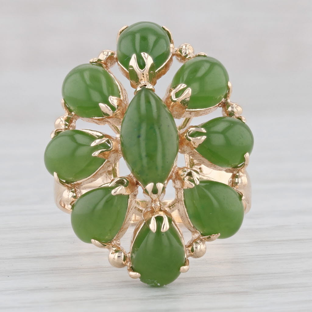 Light Gray Green Nephrite Jade Ring 14k Yellow Gold Size 7.5 Cocktail Cluster