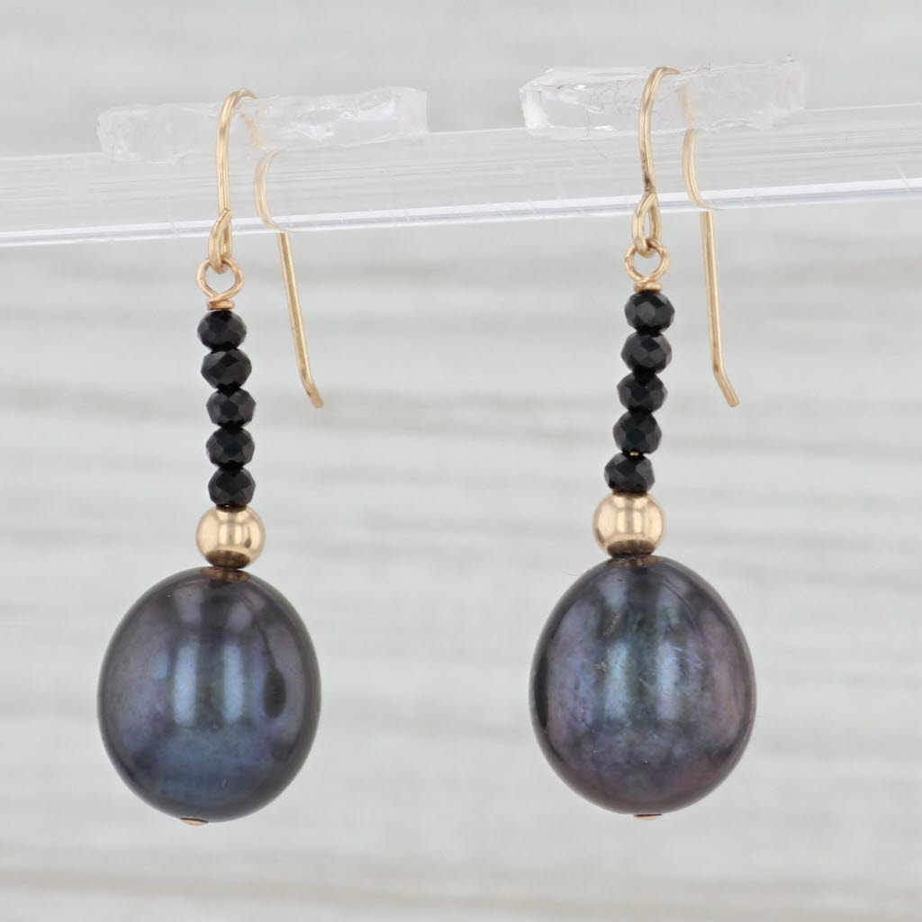 Light Gray Cultured Black Pearl Cubic Zirconia Earrings 14k Yellow Gold Hook Posts Dangles