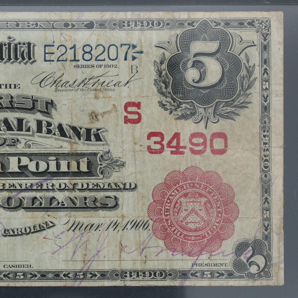 $5 High Point North Carolina C 1902 Red Seal 3490 20 First National Bank Note