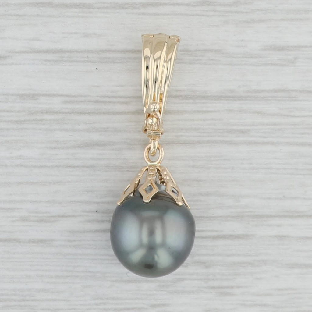 Gray Black Cultured Pearl Pendant 14k Yellow Gold Solitaire Drop