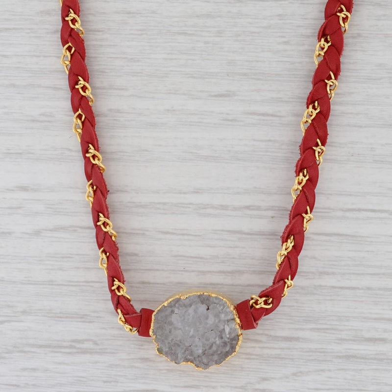 New Nina Nguyen Cordelia Necklace White Druzy Woven Red Leather Gold Vermeil