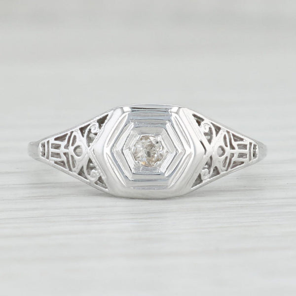 Light Gray Art Deco Diamond Solitaire Ring 18k White Gold Size 8.25 Vintage Floral Filigree