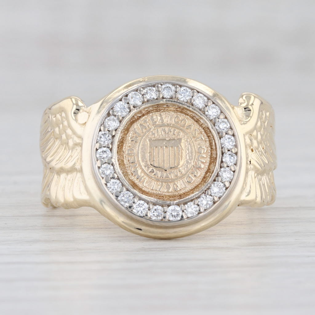 Light Gray United States Coast Guard Signet Diamond Halo Ring 14k Yellow Gold Size 11.5