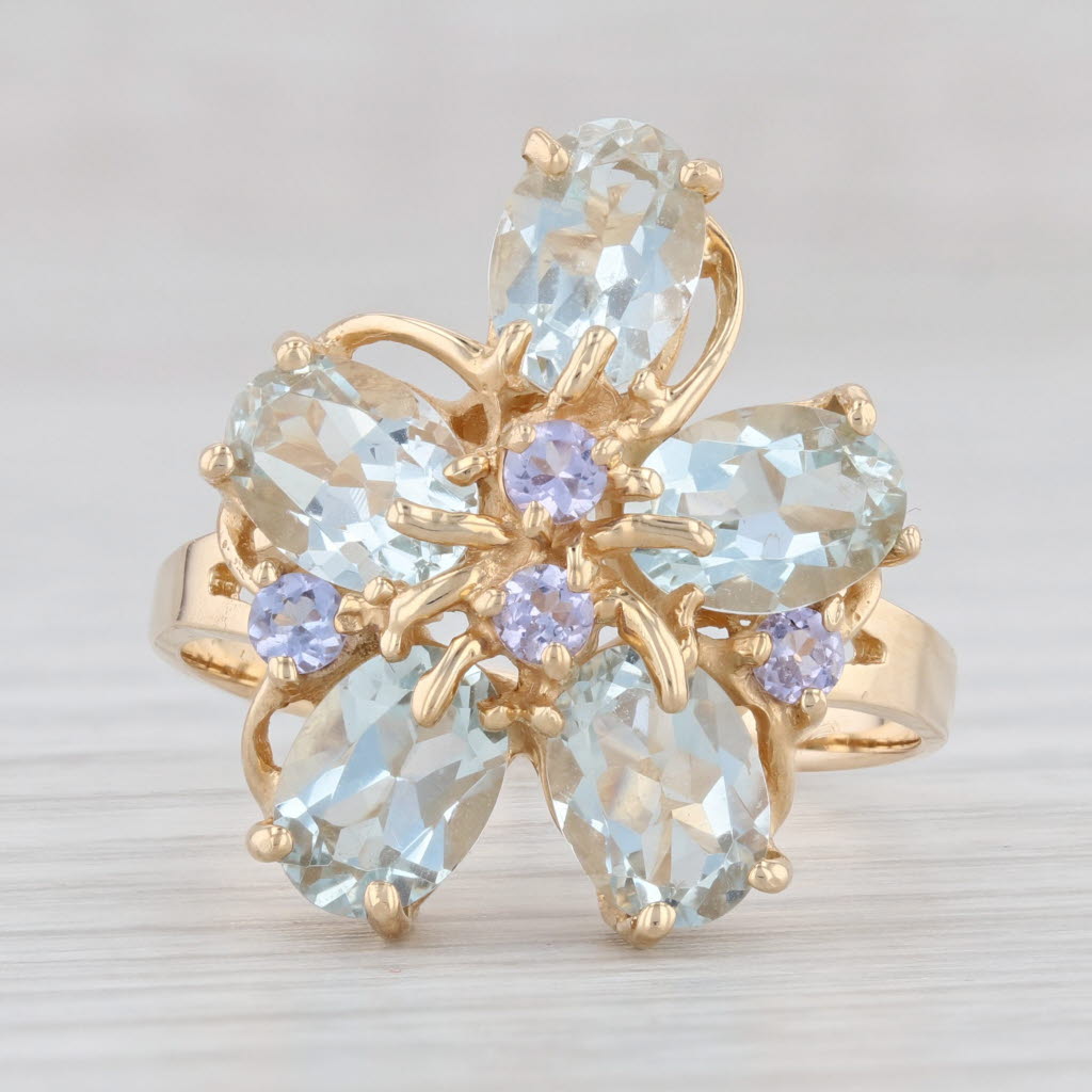 Light Gray 3.92ctw Aquamarine Cluster Tanzanite Ring 14k Yellow Gold Size 9.25 Cocktail