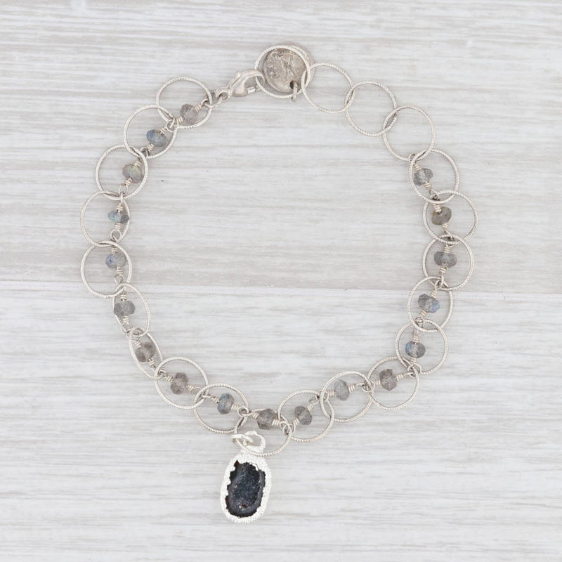 New Nina Nguyen Charm Bracelet Druzy Geode Quartz Labradorite Bead Sterling 7.5"