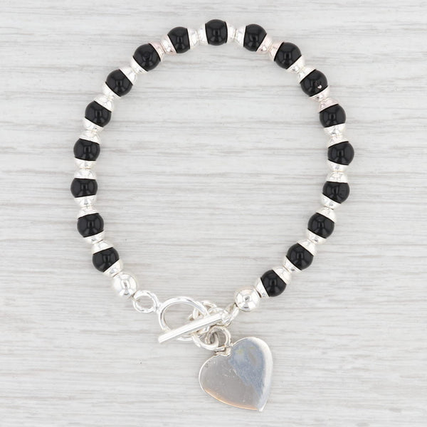 Light Gray New Black Glass Bead Bracelet Engravable Heart Charm 7.25" Sterling Silver