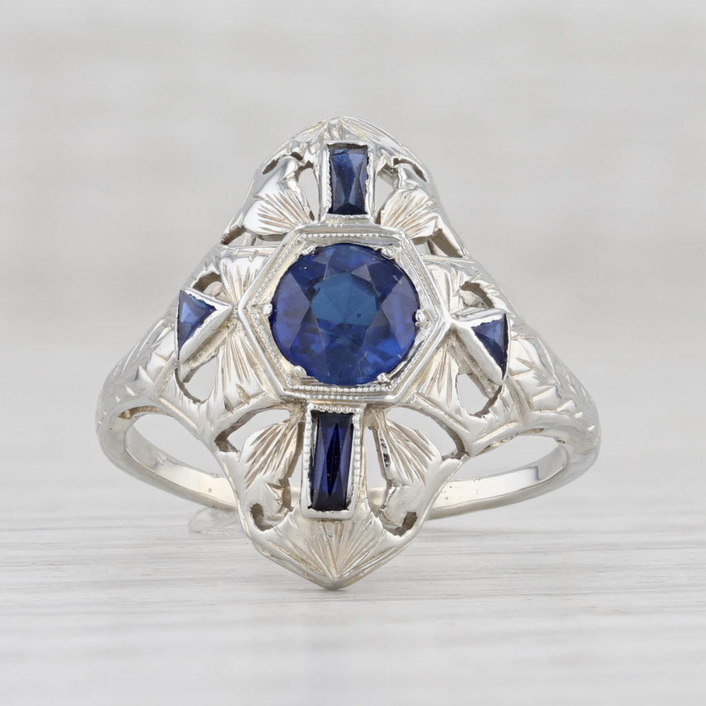 Light Gray Art Deco Synthetic Blue Sapphire Ring 18k White Gold Size 7 Vintage Floral