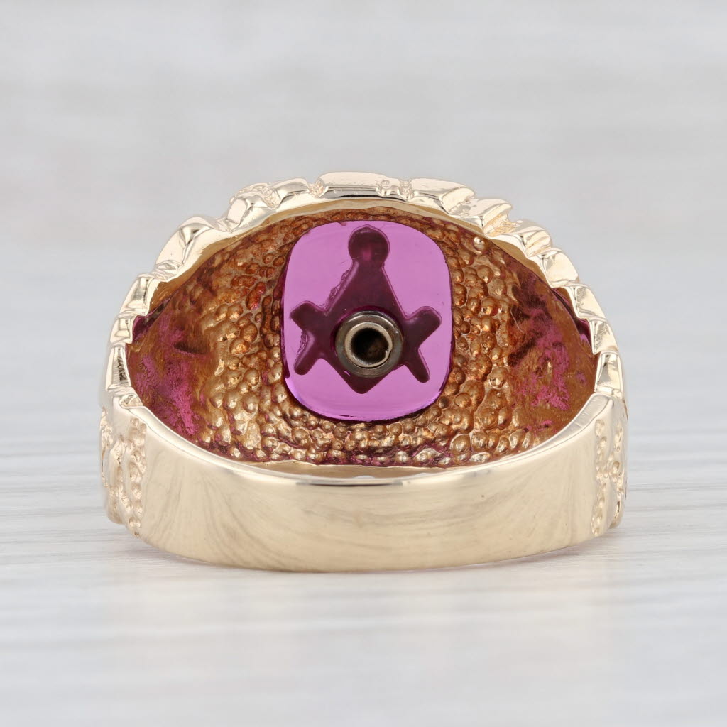 Light Gray Masonic Blue Lodge Signet Ring 10k Gold Nugget Lab Created Ruby Size 13.25