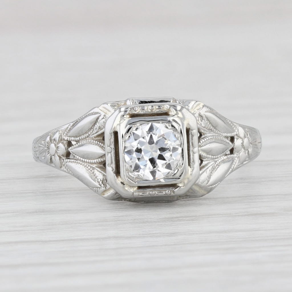 Light Gray Art Deco 0.33ct Diamond Solitaire Engagement Ring 18k White Gold Size 7.25