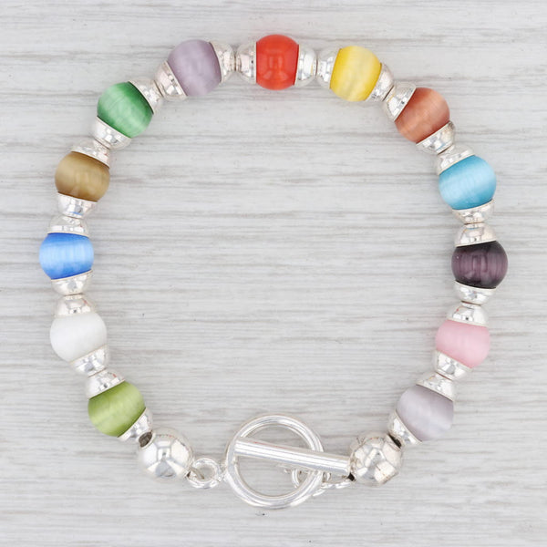 Light Gray New Multi-Color Glass Bead Bracelet Sterling Silver 7.5” Chain Toggle Clasp