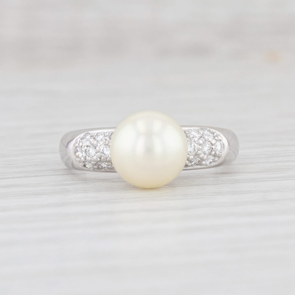 Light Gray Cultured Saltwater Pearl Diamond Ring 18k White Gold Size 5.5 Mastoloni