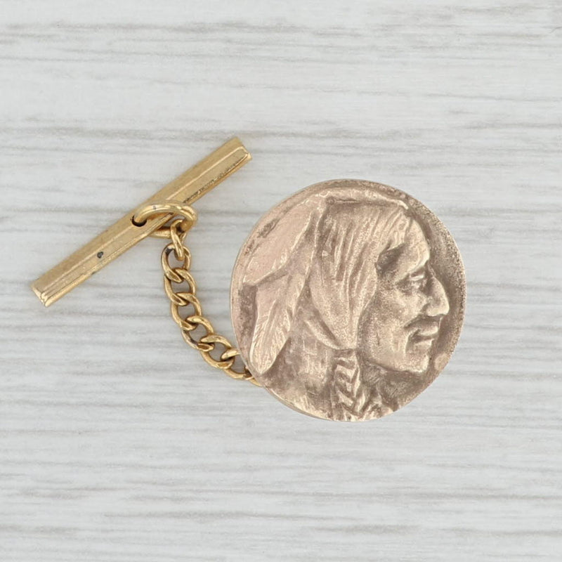 Light Gray Buffalo Nickel Indian Head Inspired Design 10k Gold Tie Tac Pin Collector Gift