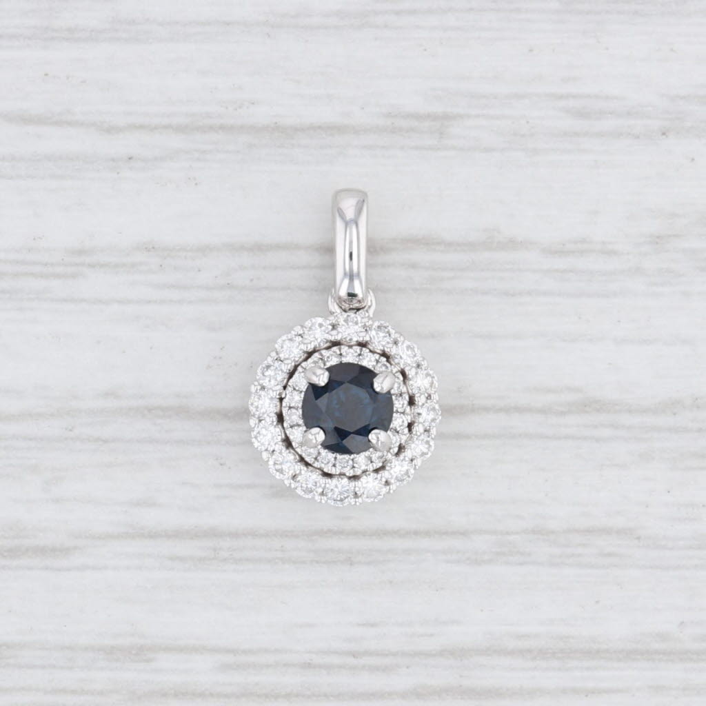 Light Gray New 0.78ctw Blue Sapphire Diamond Halo Pendant 14k White Gold Drop