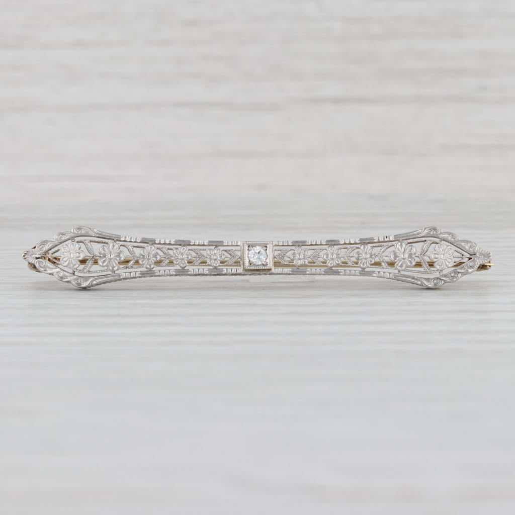 Light Gray Vintage Art Deco Diamond Floral Filigree Bar Brooch Platinum 14k Gold Pin