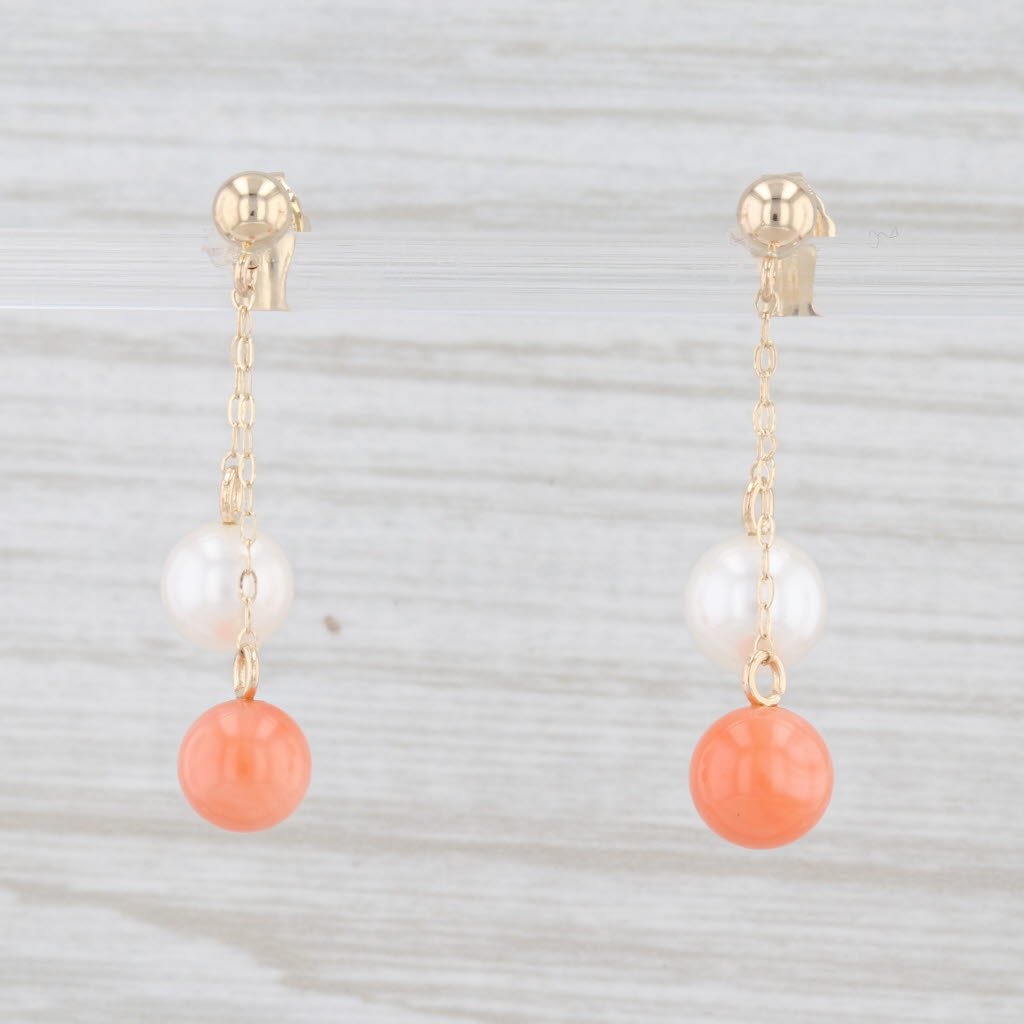 Light Gray Vintage Cultured Pearl Coral Bead Dangle Earrings 14k Yellow Gold Pierced Drops