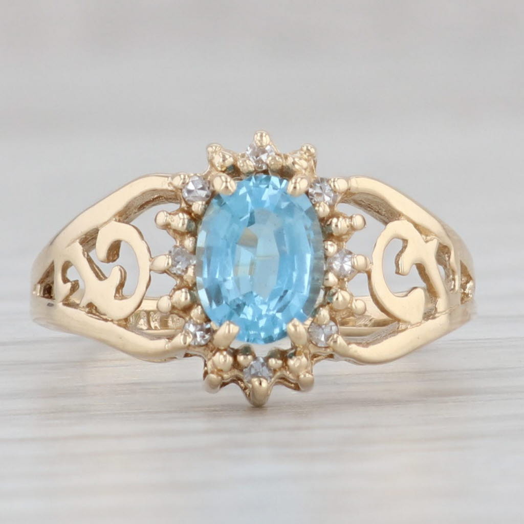 Gray 0.90ct Oval Blue Topaz Diamond Halo Ring 14k Yellow Gold Size 5.25