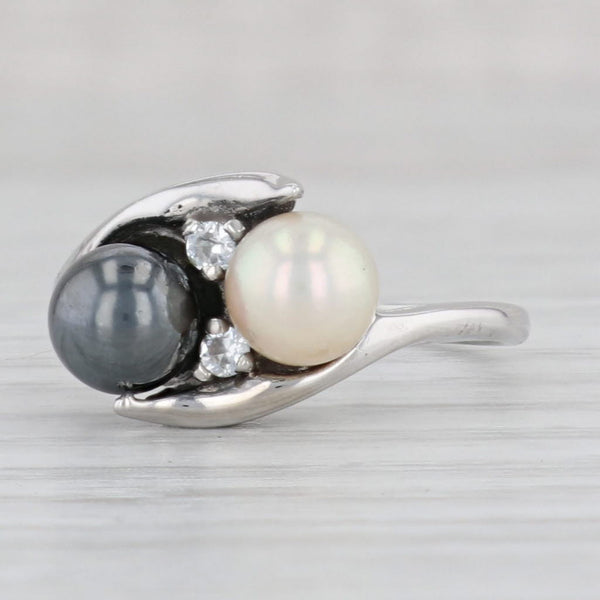 Light Gray Cultured Pearl Hemtite Bypass Ring 10k White Gold Size 7 Glass Accents
