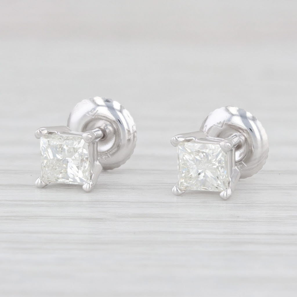 Light Gray Diamond Solitaire 0.85ctw Princess Stud Earrings 14k White Gold Screw On Pierced