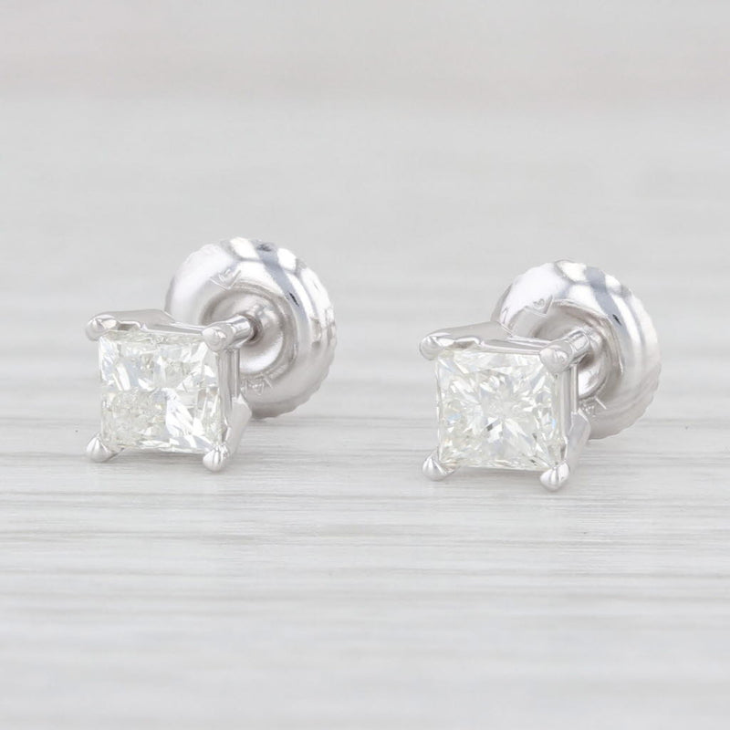 Diamond Solitaire 0.85ctw Princess Stud Earrings 14k White Gold Screw On Pierced