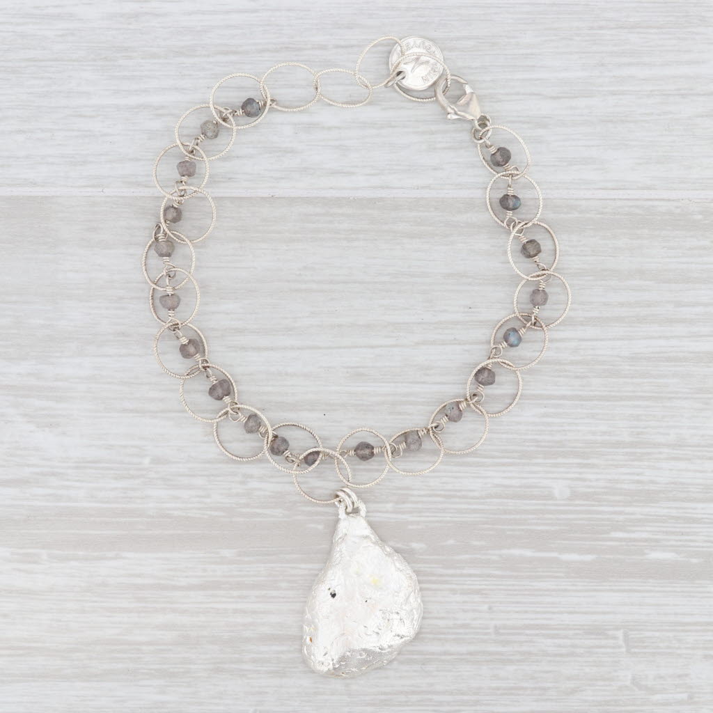 Light Gray New Nina Nguyen Charm Bracelet Sterling Druzy Geode Quartz Labradorite Bead 7.5"