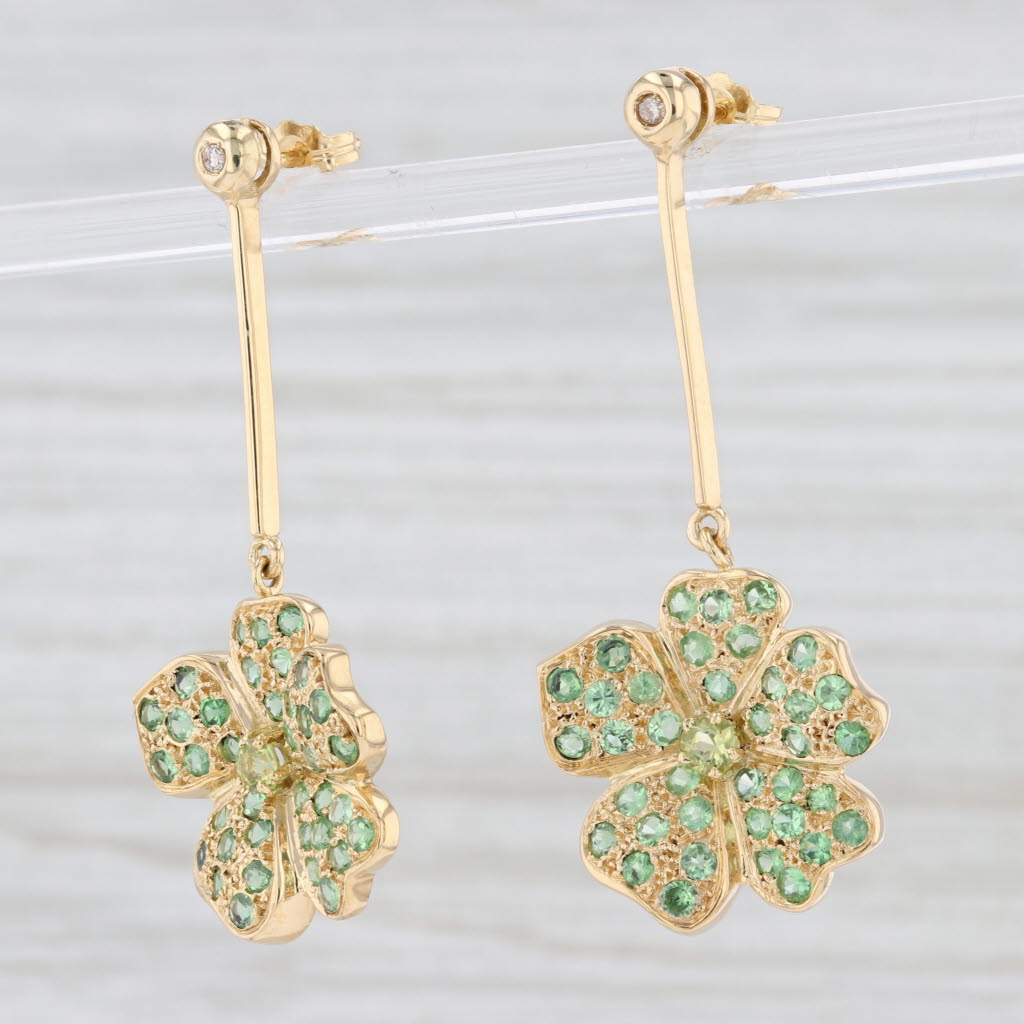 Light Gray 2.37ctw Tsavorite Peridot Diamond 4-Leaf-Clover Dangle Earrings 18k Yellow Gold