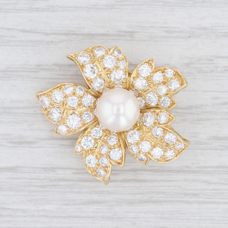 Light Gray 2.25ctw VVS Diamond & Pearl Flower Brooch 18k Yellow Gold Floral Statement Pin