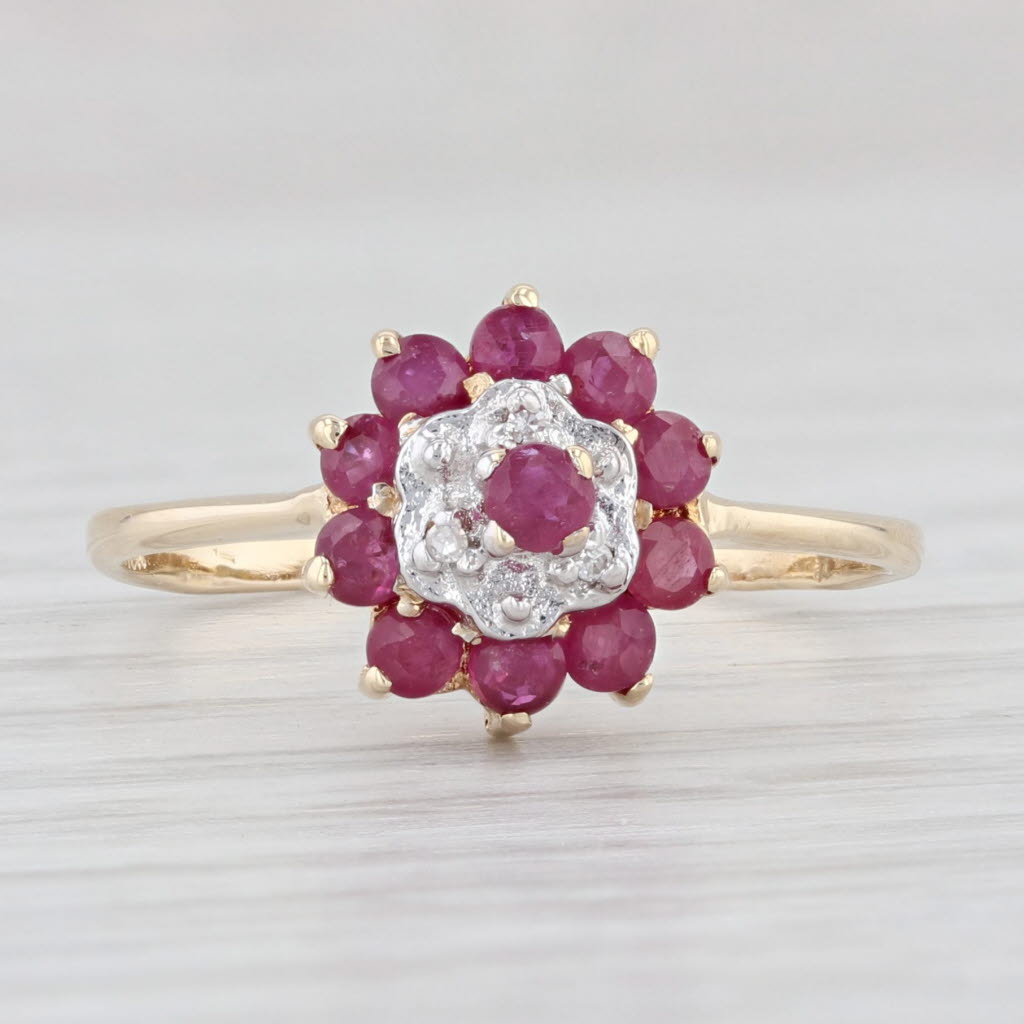 Light Gray 0.45ctw Ruby Diamond Tiered Flower Ring 10k Yellow Gold July Birthstone Size 6.5