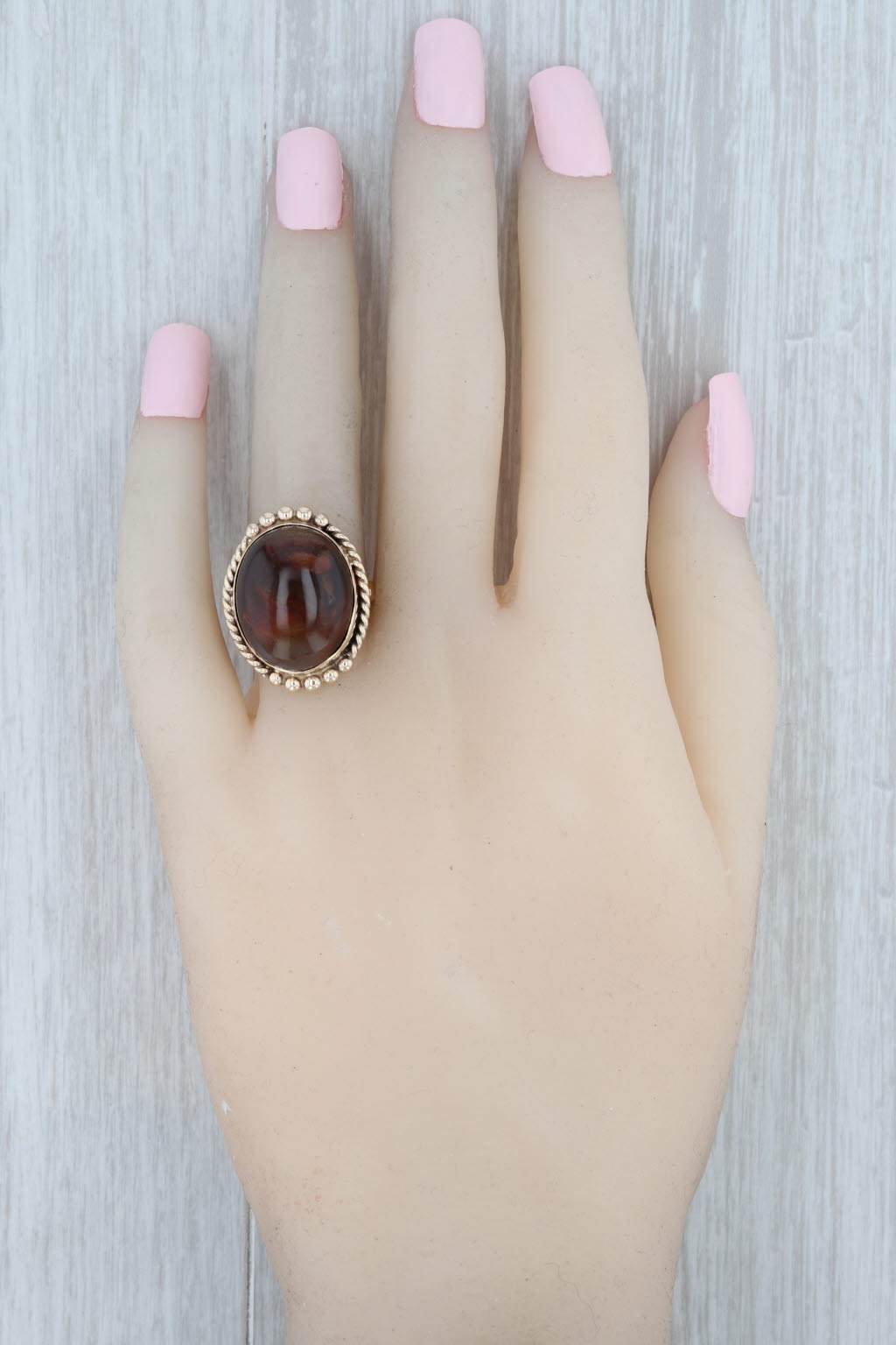 Gray Fire Agate Ring 14k Yellow Gold Size 8 Oval Cabochon Solitaire Cocktail