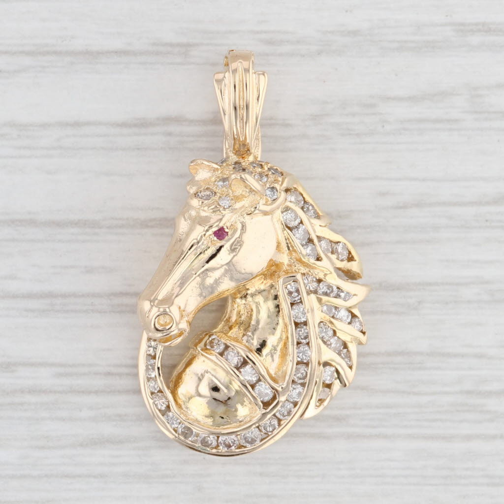 Light Gray 0.49ctw Diamond Ruby Horse & Horseshoe Enhancer Pendant 14k Yellow Gold Western