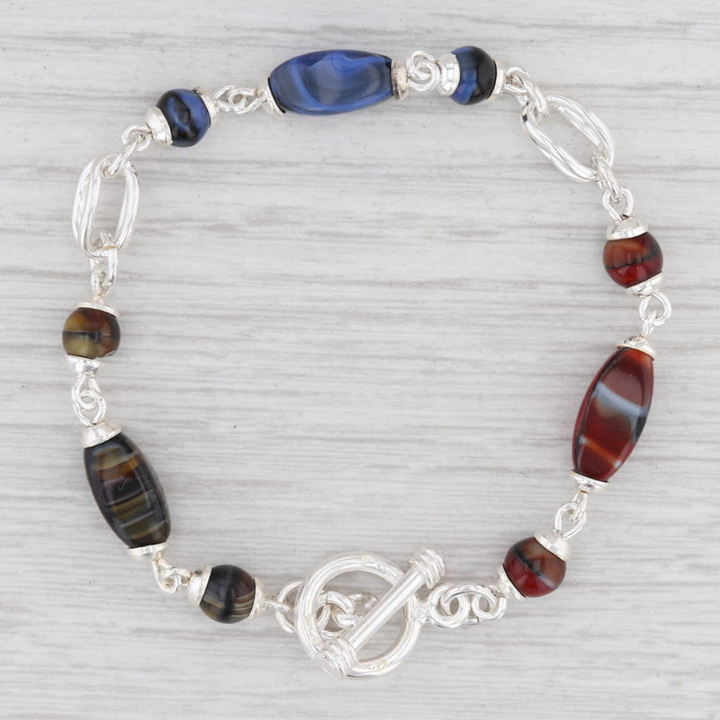 New Bead Statement Bracelet Multi Color Glass Sterling Silver 7” Toggle Clasp