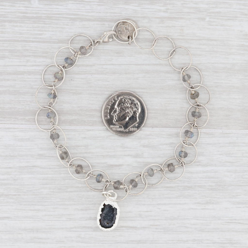 New Nina Nguyen Charm Bracelet Druzy Geode Quartz Labradorite Bead Sterling 7.5"